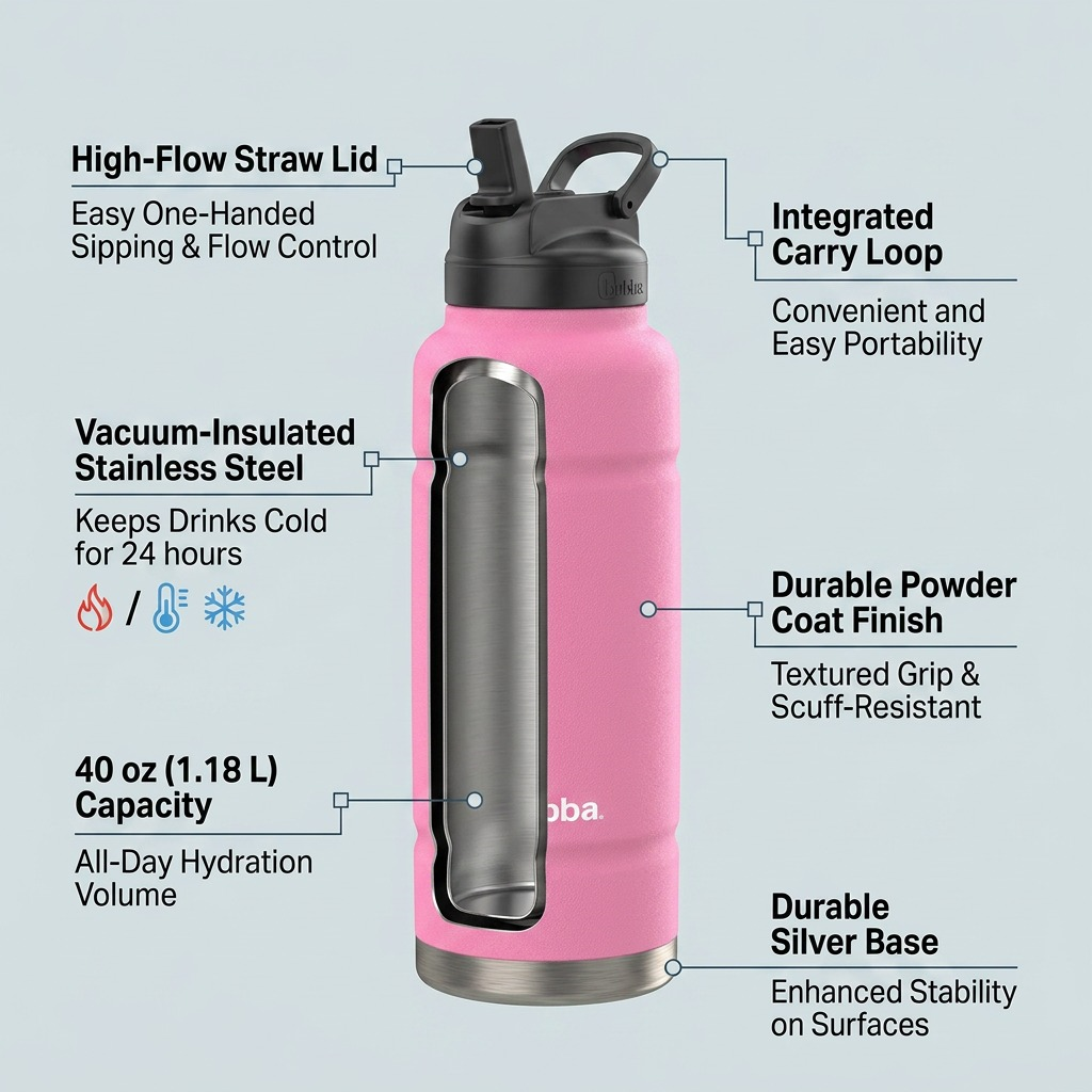 Operational callout graphic for bubba Trailblazer, showing straw lid utility, vacuum insulation, stainless steel finish, and 40 oz capacity.