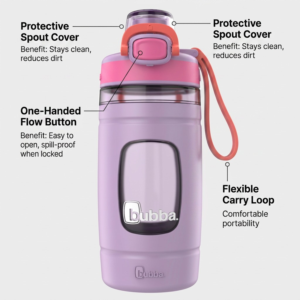 Infographic for the Bubba Flo 16oz bottle in Lavender Frost with benefit-driven operational callouts.