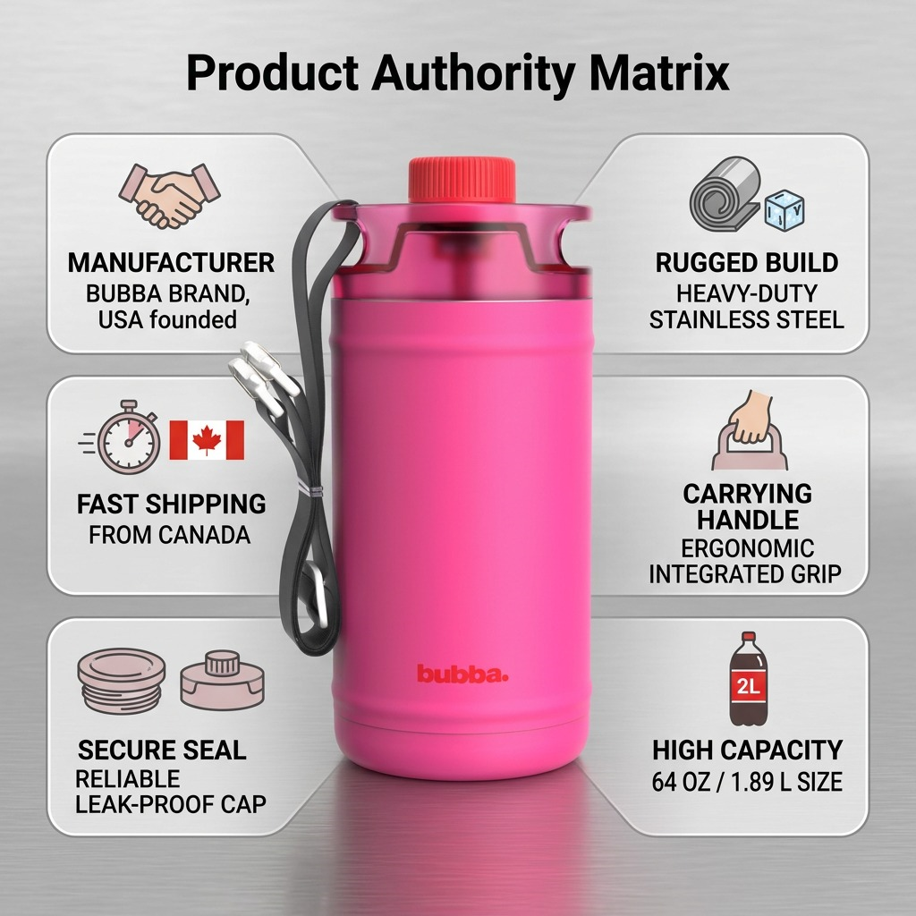 Bubba 64oz pink water jug product authority matrix infographic.