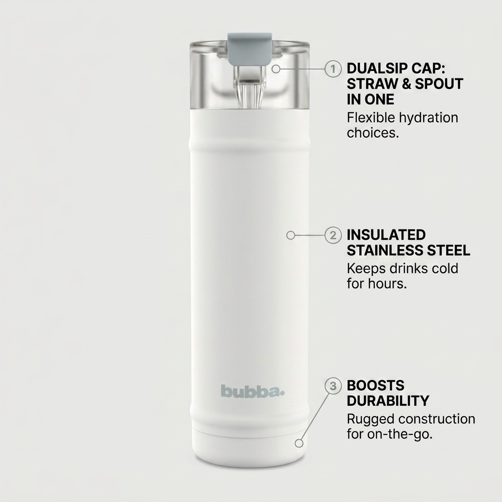 Product graphic of the bubba DualSip bottle highlighting its DualSip cap, insulation, and durability features.