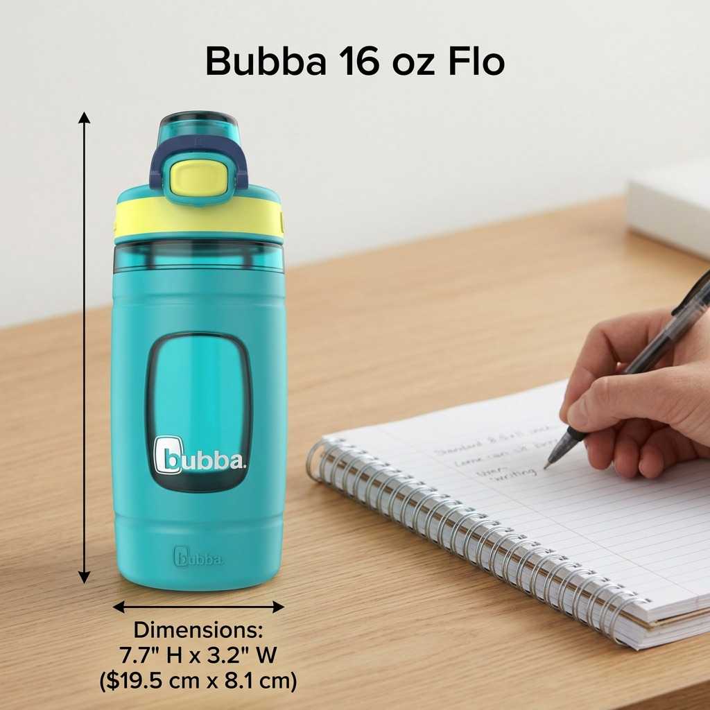 The bubba water bottle is positioned next to an open notebook for scale.