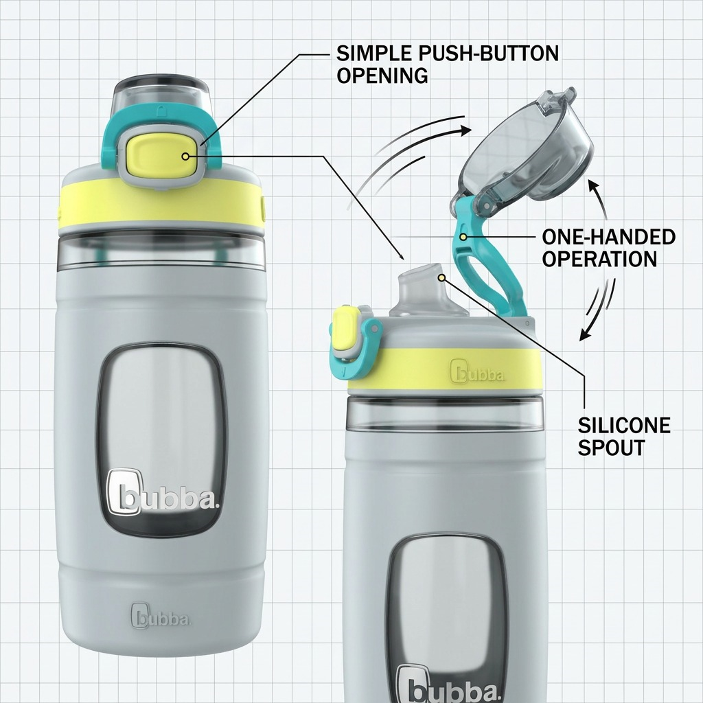 Feature graphic on grid background with callouts to 'One-Handed Operation', 'Silicone Spout', and 'Button-Activated Lid'.