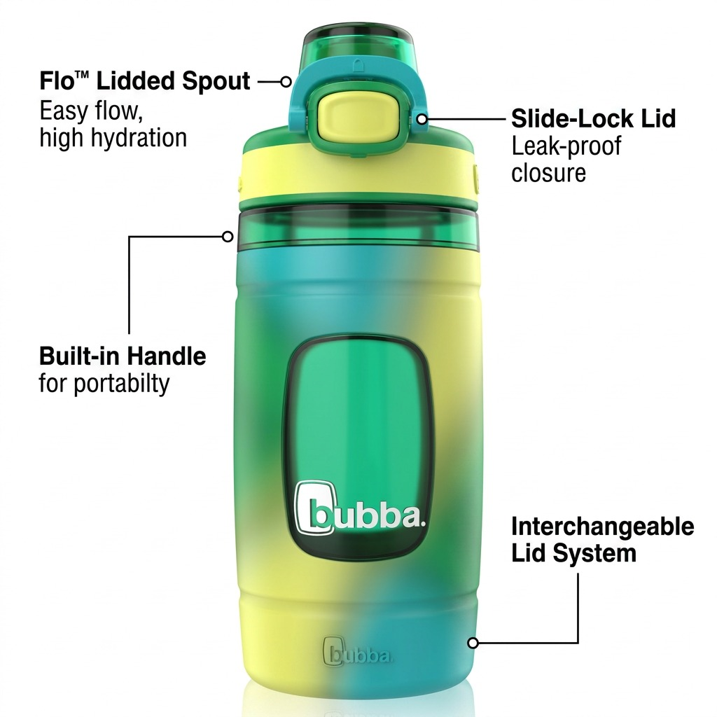 Feature callout image for the bubba 16oz Fern water bottle, highlighting the spout, handle, and leak-proof lid.