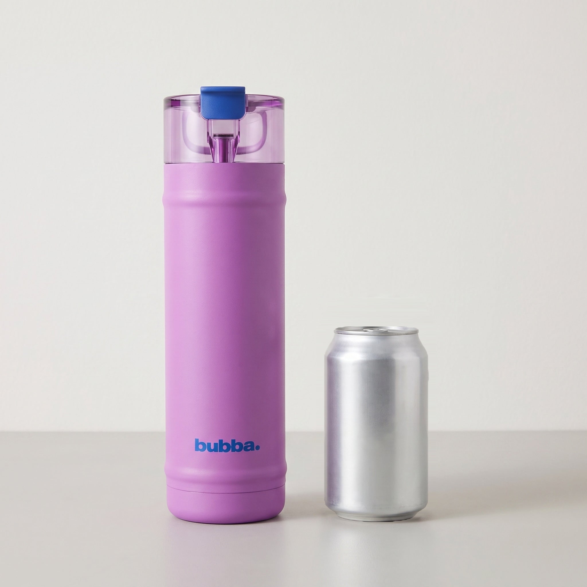 bubba 24 oz DualSip insulated bottle in Moodbooster standing beside a 355 ml can for size comparison. It stands 10.79 in tall.
