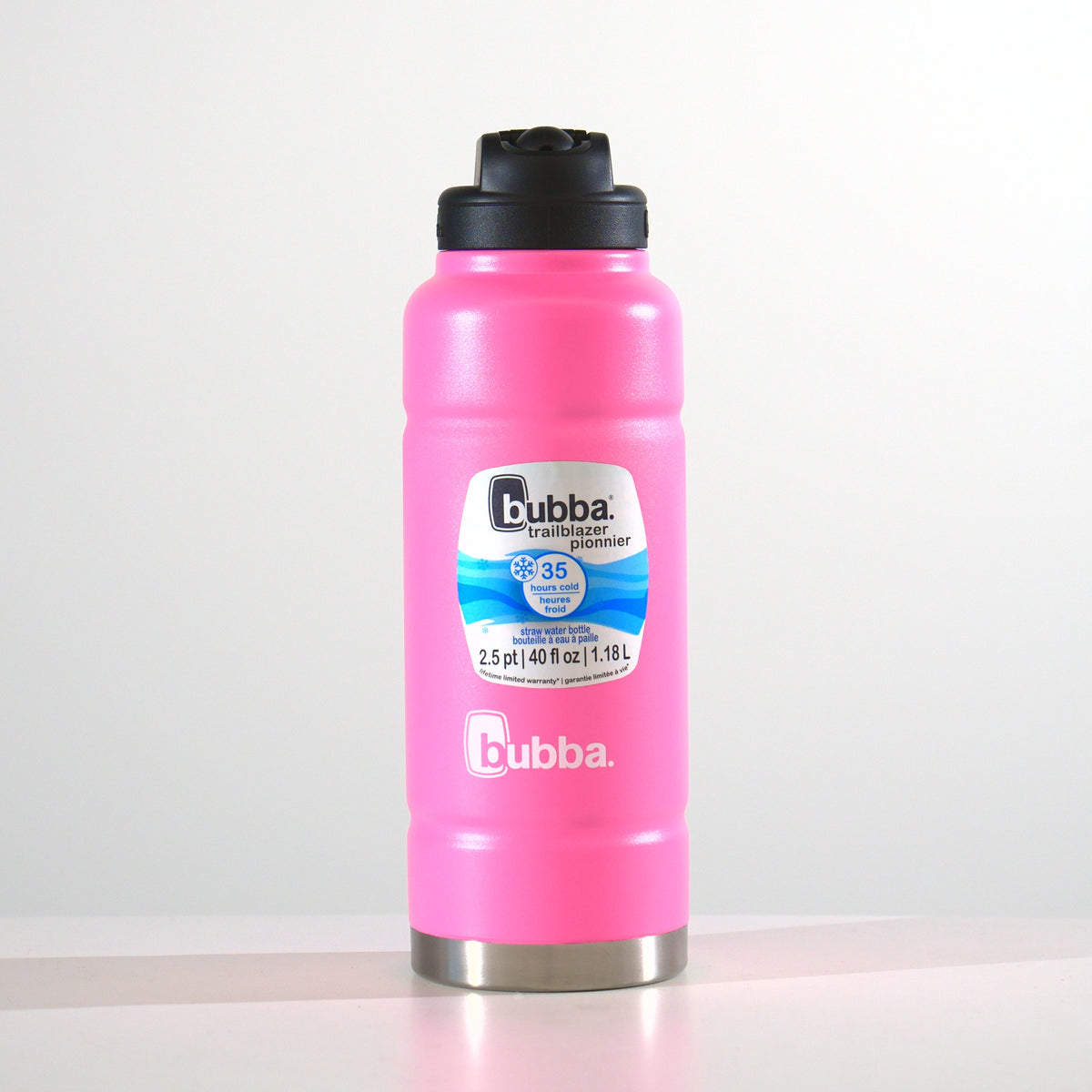 40 oz Trailblazer insulated bottle with straw lid in Azalea retail packaging, studio photo