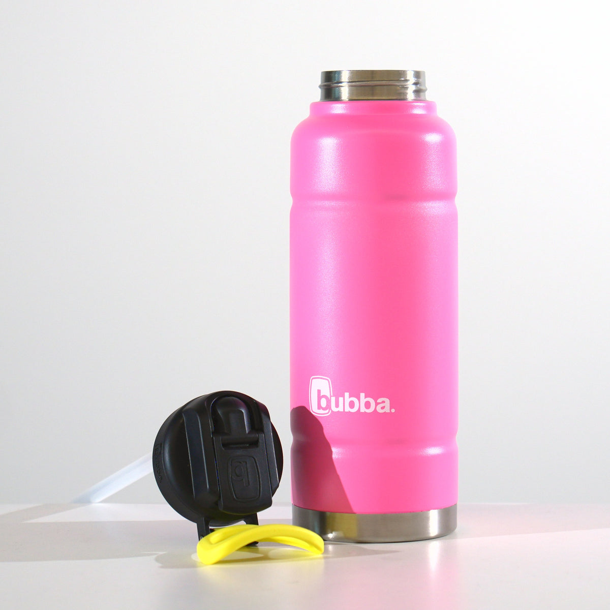 40 oz Trailblazer insulated bottle with straw lid in Azalea with lid off, studio photo